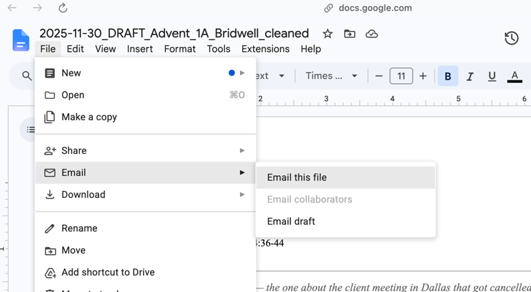Select File > Email > Email this file from the Google Docs menu