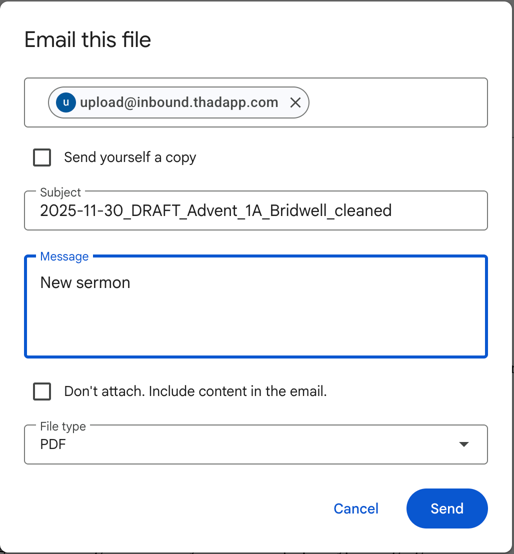 Enter "upload@inbound.thadapp.com" for the email address, "New [doc type] for the Message, and click "Send"